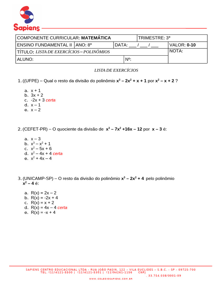 Lista de Exercícios sobre Polinômios | PDF