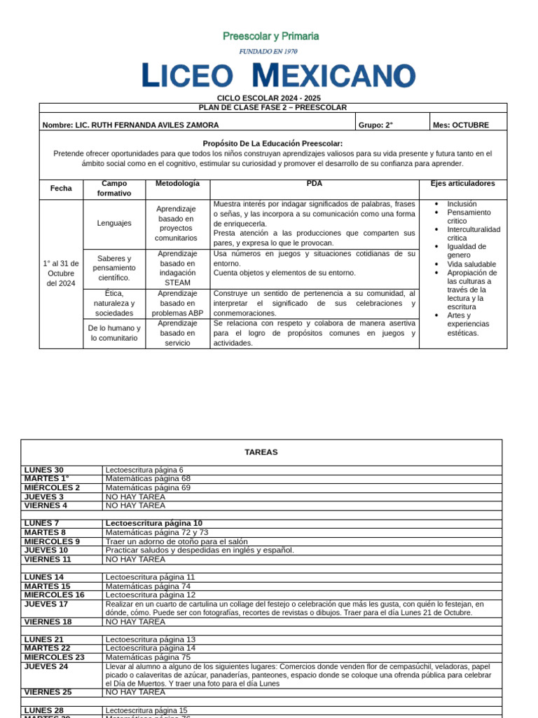 Plan de Clase Preescolar Octubre 2024 | PDF | Educación de la primera ...
