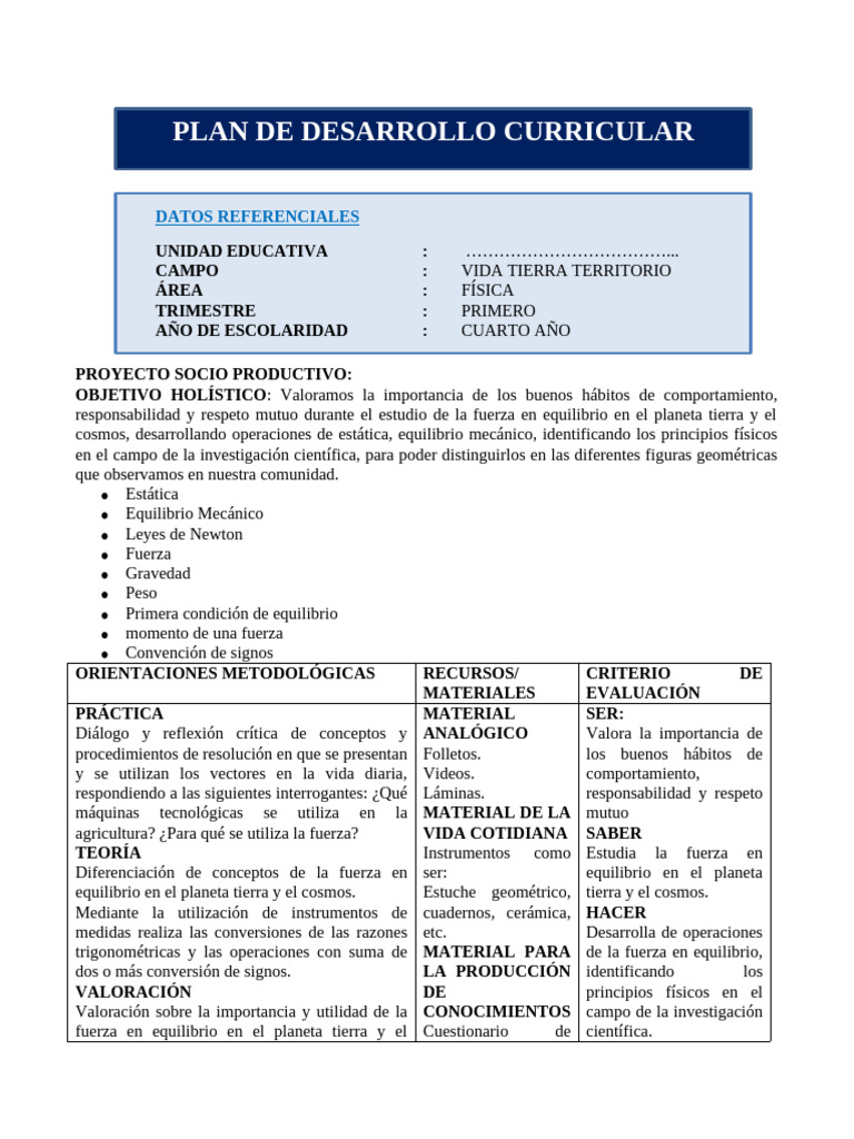 Física 4to - Plan de Desarrollo Curricular | PDF | Fuerza | Evaluación