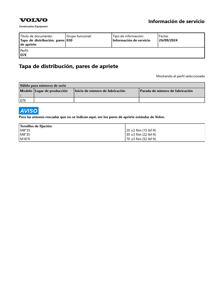 Pares de Apriete Tapa D7E 2024 | PDF