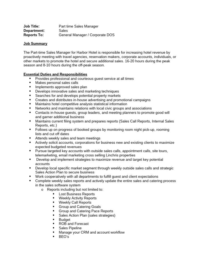Part-Time Sales Manager Job Description | PDF | Sales | Leadership