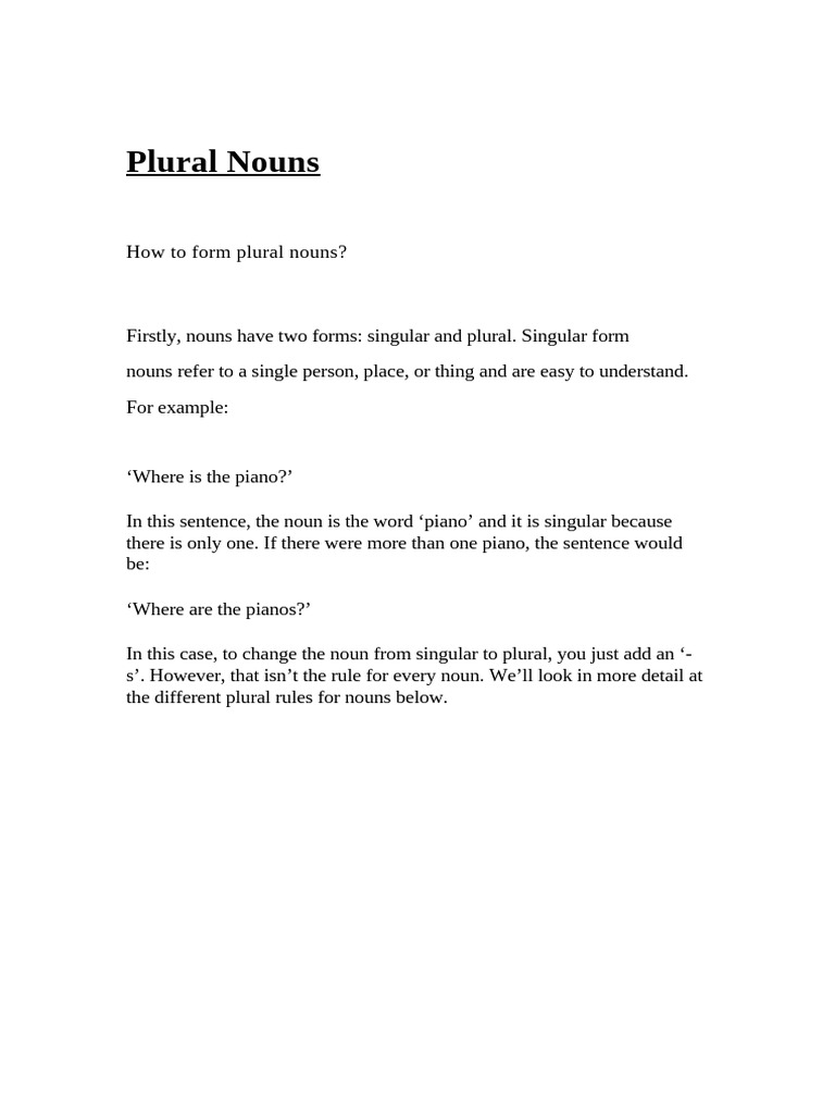 Plural Nouns Pdf Plural Grammatical Number