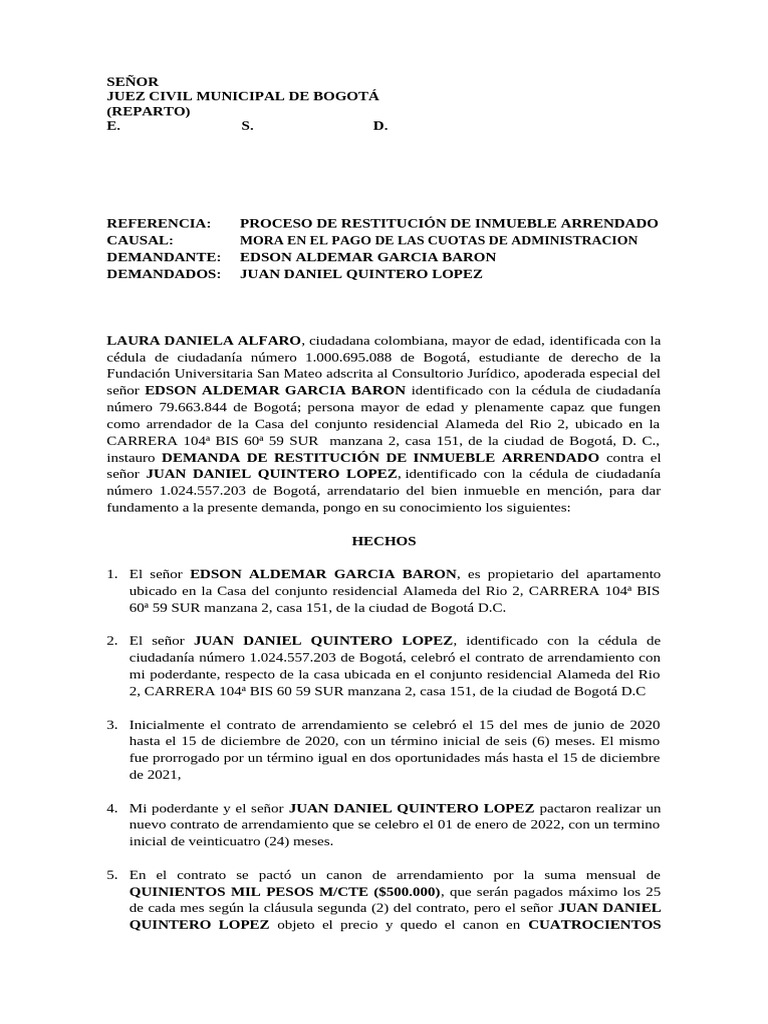 Demanda Restitucion de Bien Inmueble | PDF | Derecho privado | Derecho ...