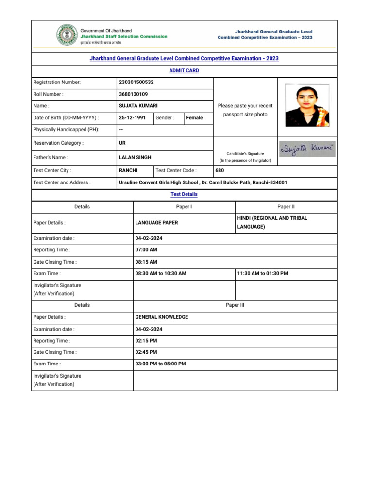 Jssc Admit Card Pdf Identity Document