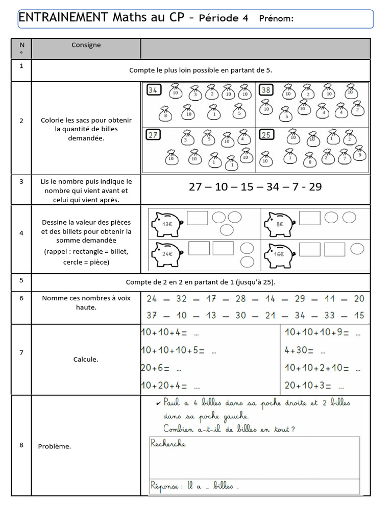 Exercices de Maths CP - Période 4 | PDF