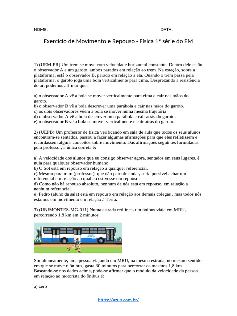 Exercício de Movimento e Repouso Física 1 Série Do EM 1 | PDF ...
