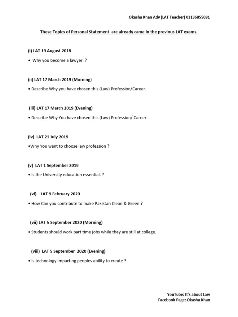LAT Test Personal Statement Topics | PDF