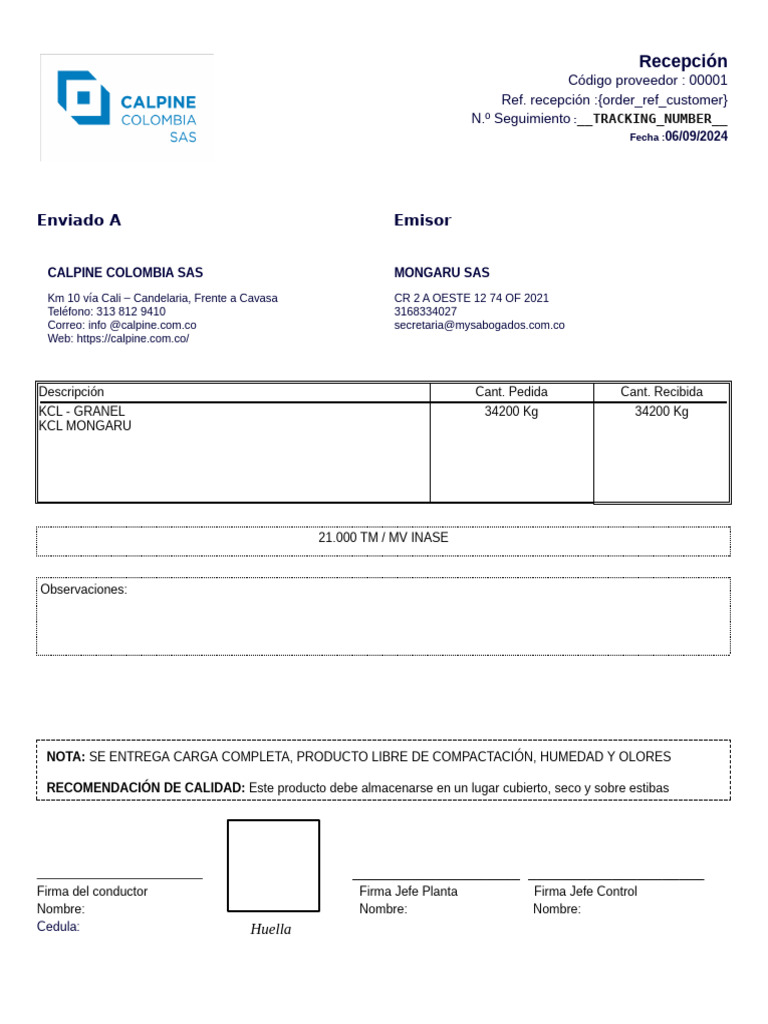 Recepción de KCL por Calpine Colombia | PDF
