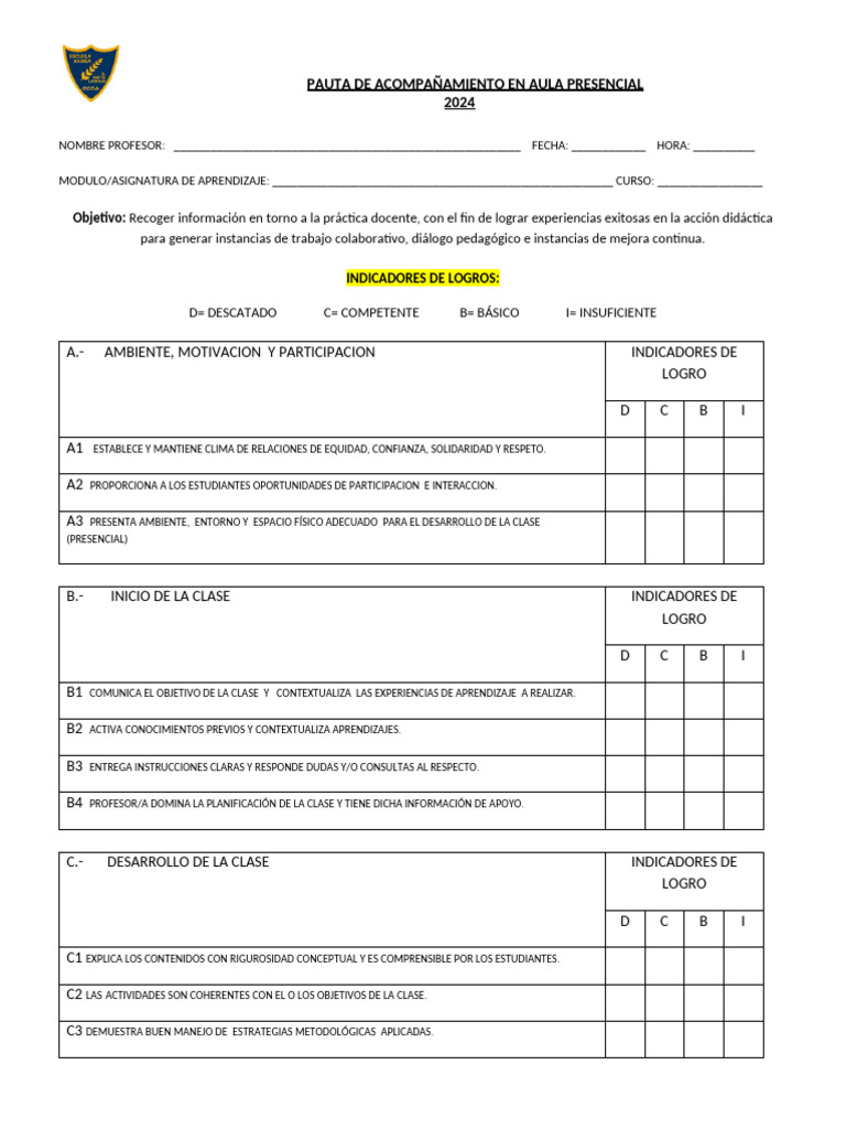 Pauta de Observacion Docente 2024 | PDF | Maestros | Aprendizaje