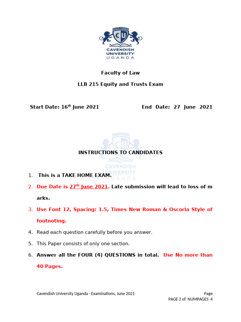 Faculty of Law LLB 215 Equity and Trusts Exam: Due Date Is 27 June 2021 ...