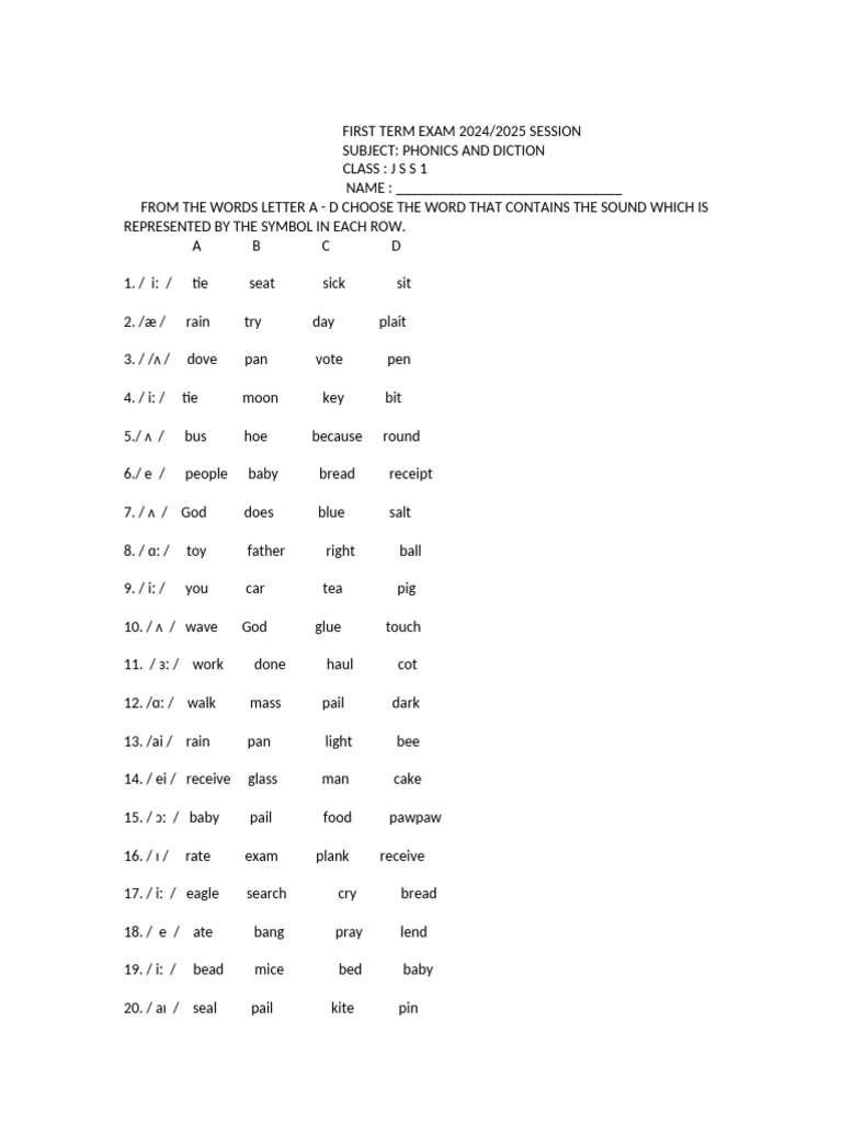 JSS1 First Term Phonics Exam 2024 | PDF | Language Arts & Discipline