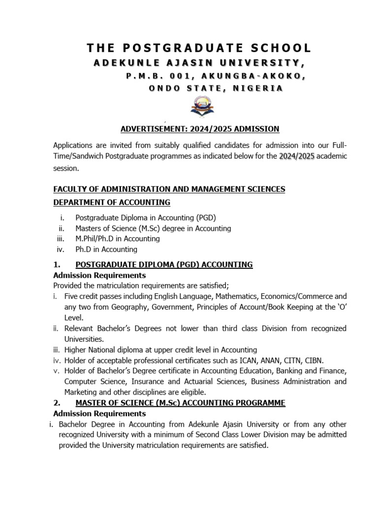 AAUA Postgraduate Admission 2024/2025 | PDF | Academic Degree ...