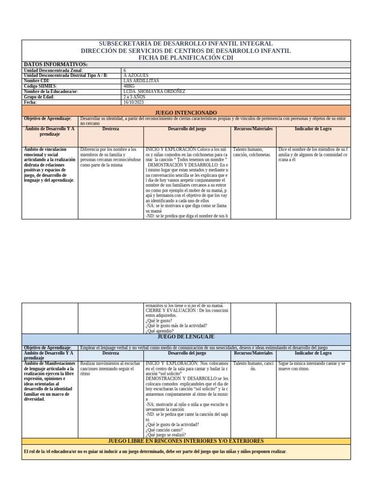 Planificación de CDI para Niños de 2 a 3 Años | PDF | Aprendizaje | Ritmo