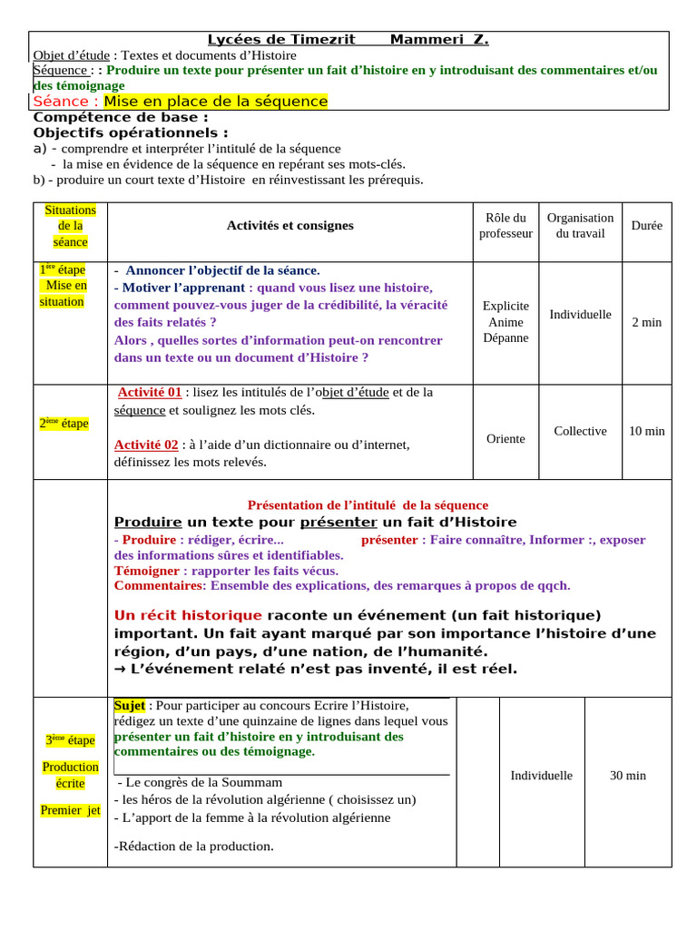 Présentation d'un fait historique en classe | PDF