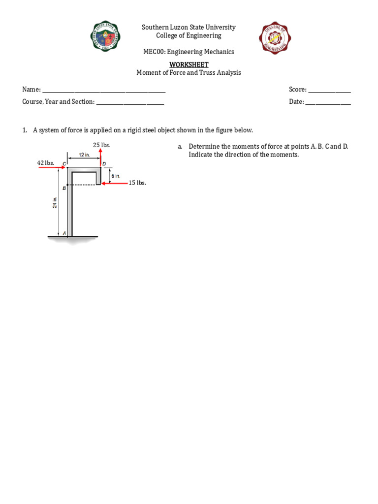 Worksheet Moment of Force and Truss Analysis 1 | PDF