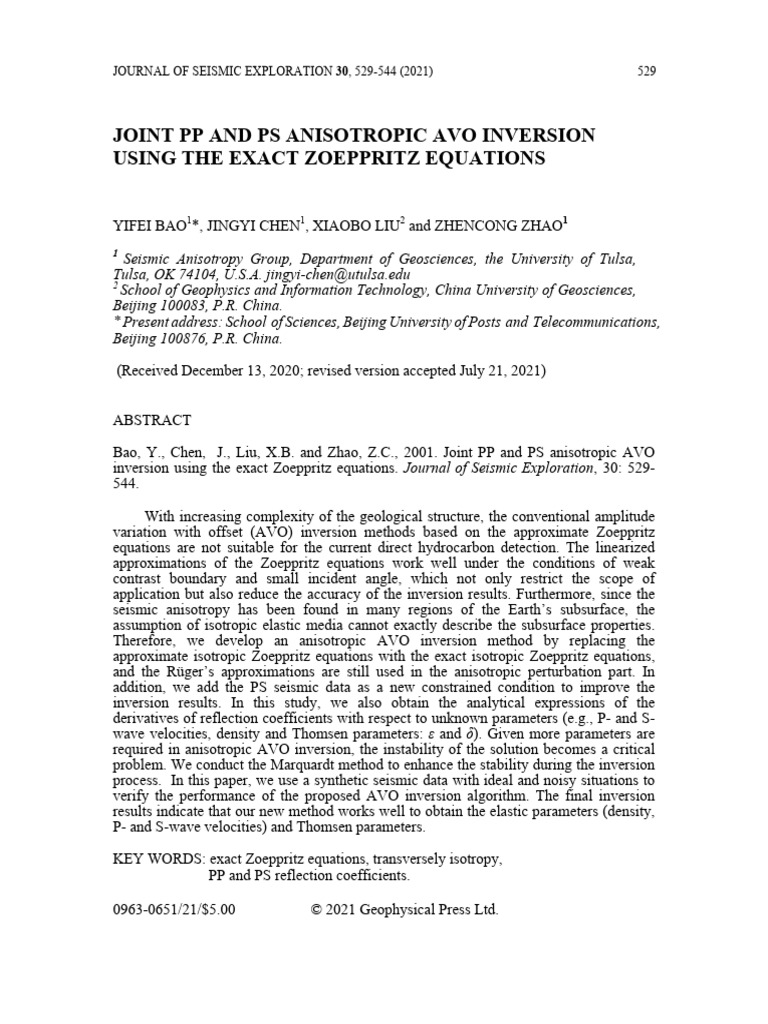 Anisotropic AVO Inversion with Zoeppritz | PDF | Reflection Seismology ...