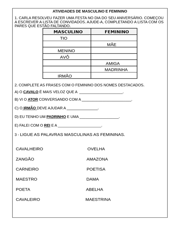 Atividades de Masculino e Feminino | PDF