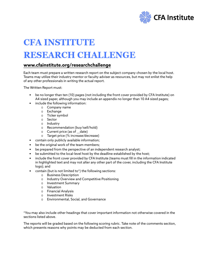 CFA Research Challenge Report Guidelines | PDF | Investing | Valuation ...