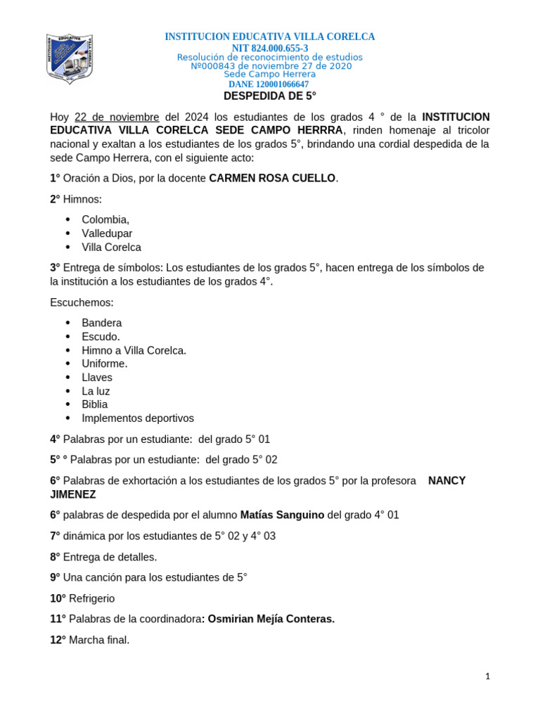 Despedida de Graduación 5° Villa Corelca | PDF