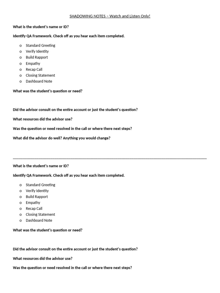 New Hire Shadowing Questions | PDF