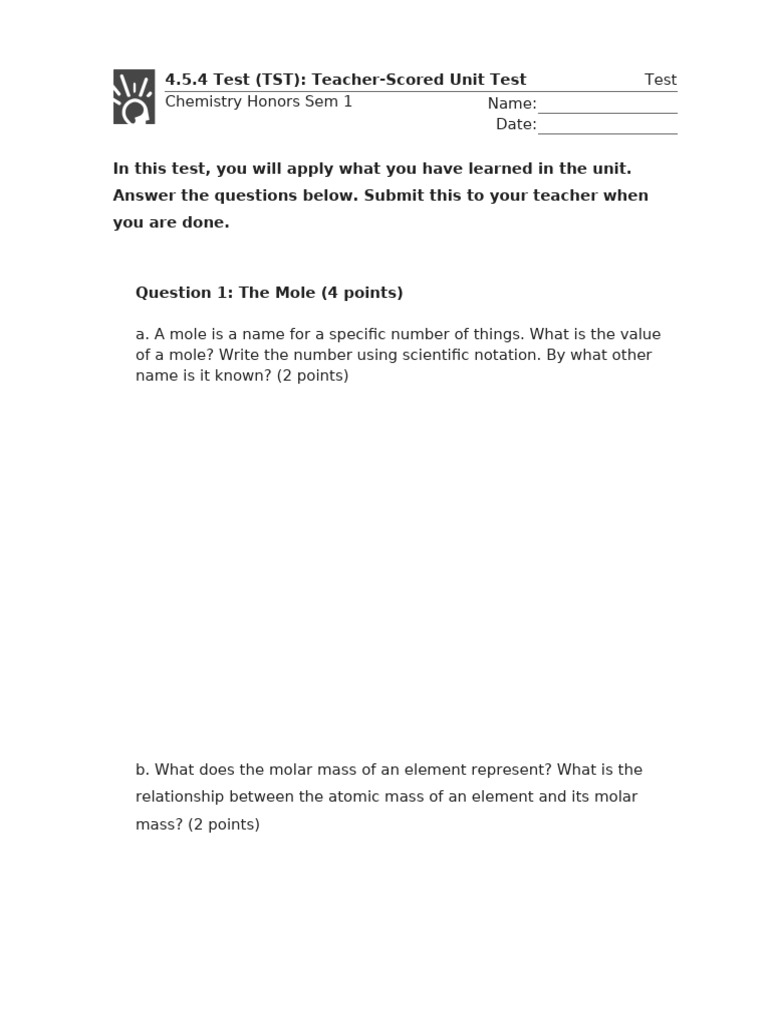 4.5.4 Test (TST) - Teacher-Scored Unit Test (Test) | PDF | Chemical ...