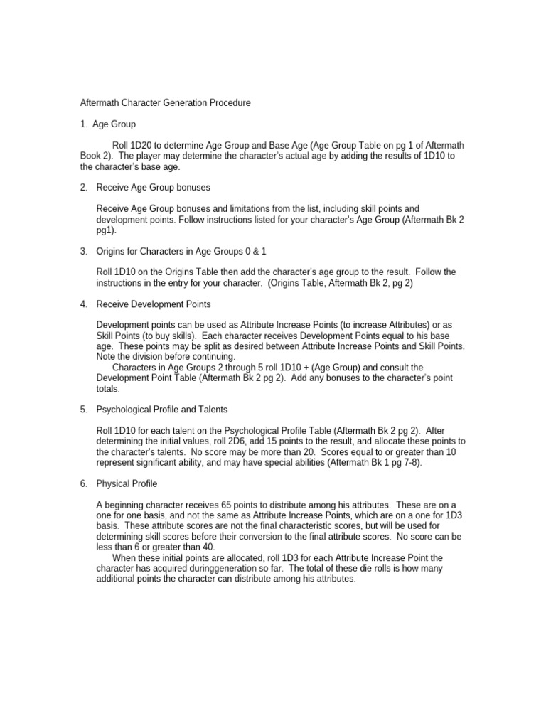 Aftermath Character Generation Procedure v2 | PDF | Archery