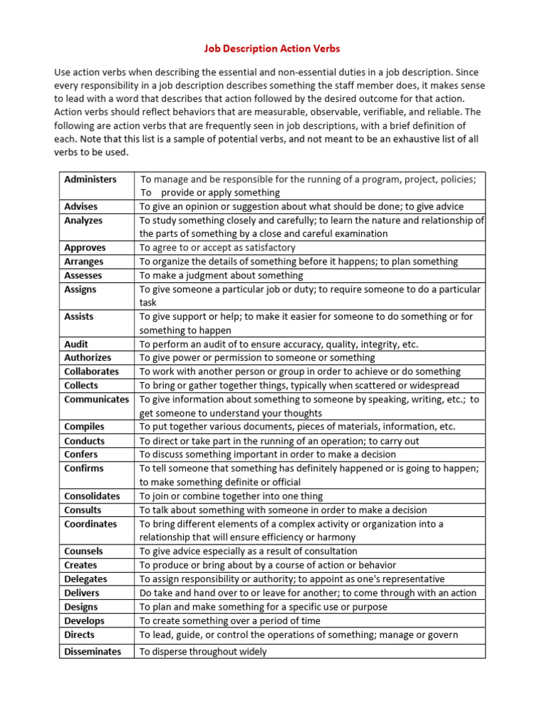 Essential Action Verbs for Job Descriptions | PDF | Audit | Information