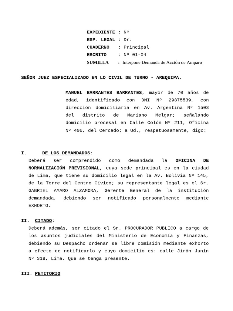 Demanda de Amparo por Pensión Jubilatoria | PDF | Caso de ley | Jubilación