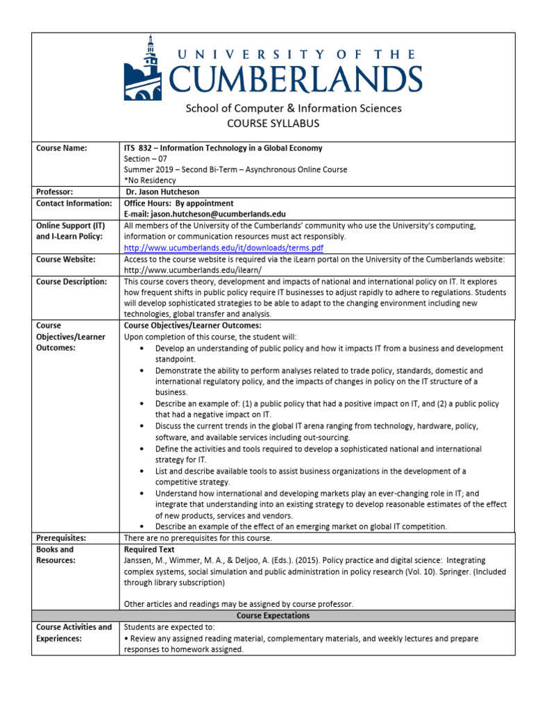 Course Syllabus - ITS 832 - Summer 2019 IIG - Dr. Jason Hutcheson | PDF ...