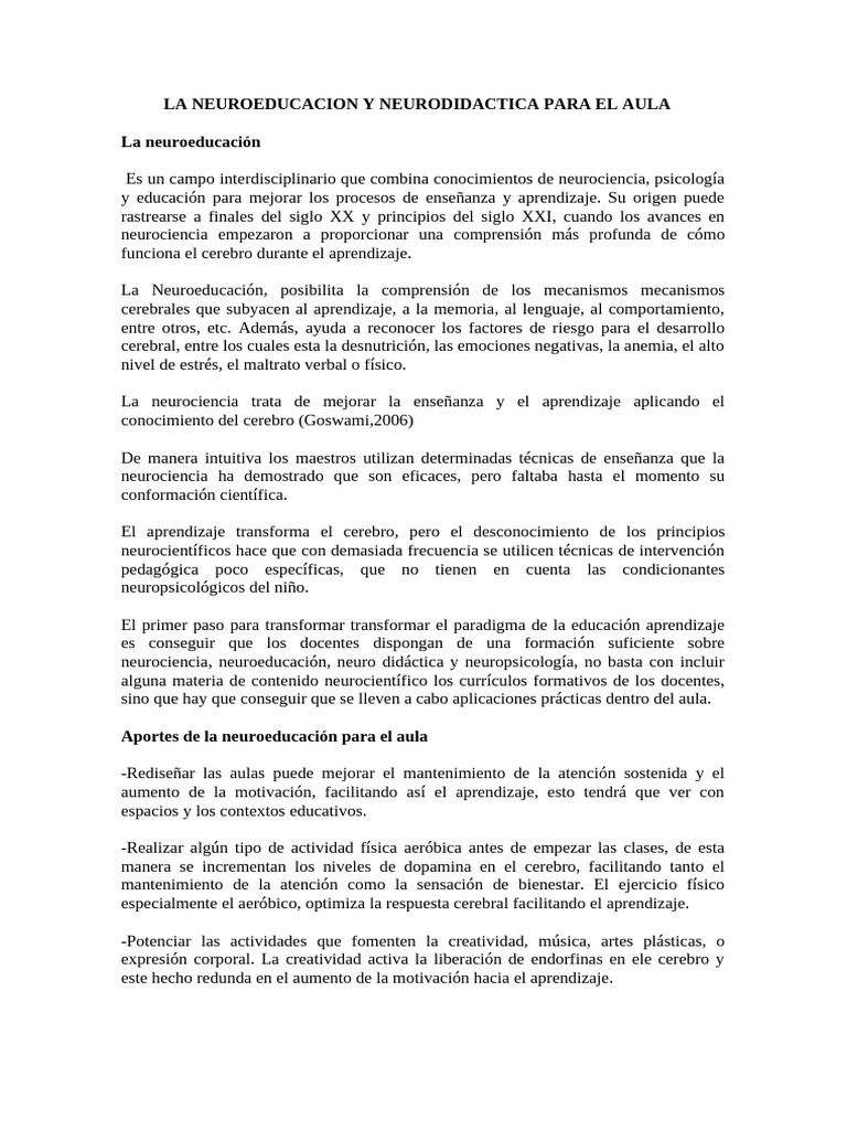 Neuroeducación y Neurodidáctica en el Aula | PDF | Aprendizaje | Enseñando