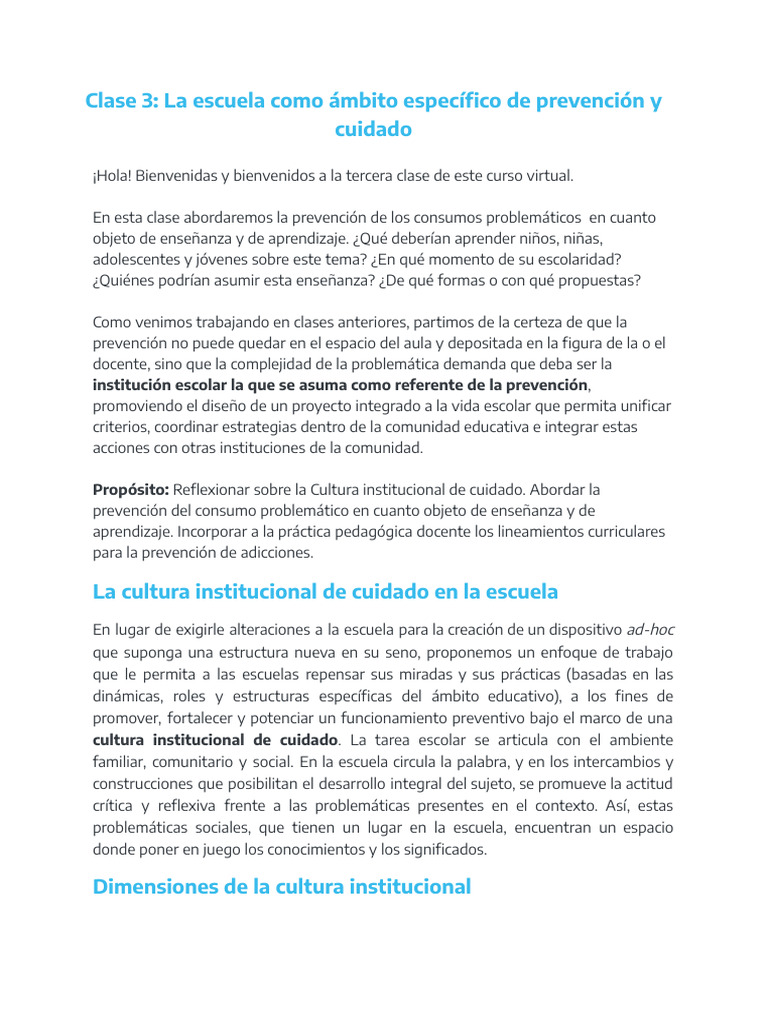 Clase 3 - La Escuela Como Ámbito de Prevención y Cuidado | PDF ...