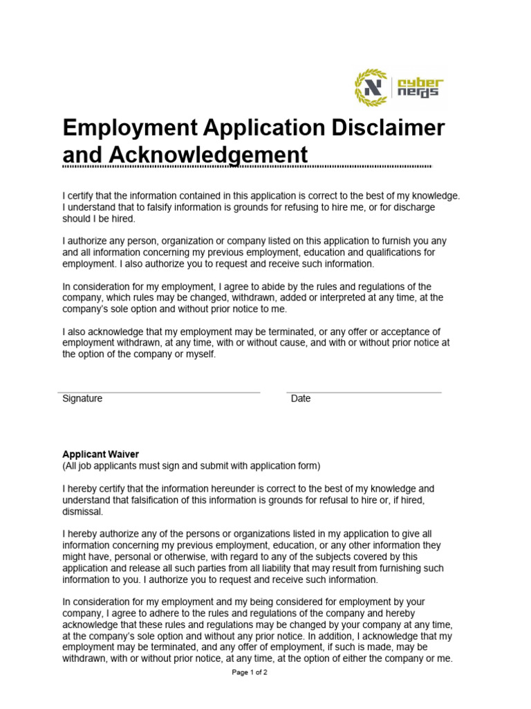 Cybernerds Employment Disclaimer - Acknowledgement | PDF | Disclaimer ...