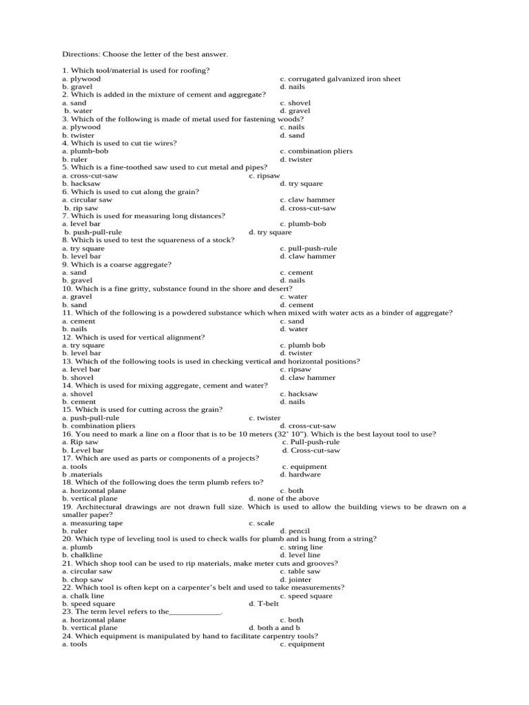 Long test in tle 4th pdf tools carpentry