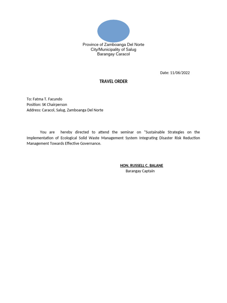 TRAVEL ORD. | PDF | Waste | Natural Environment