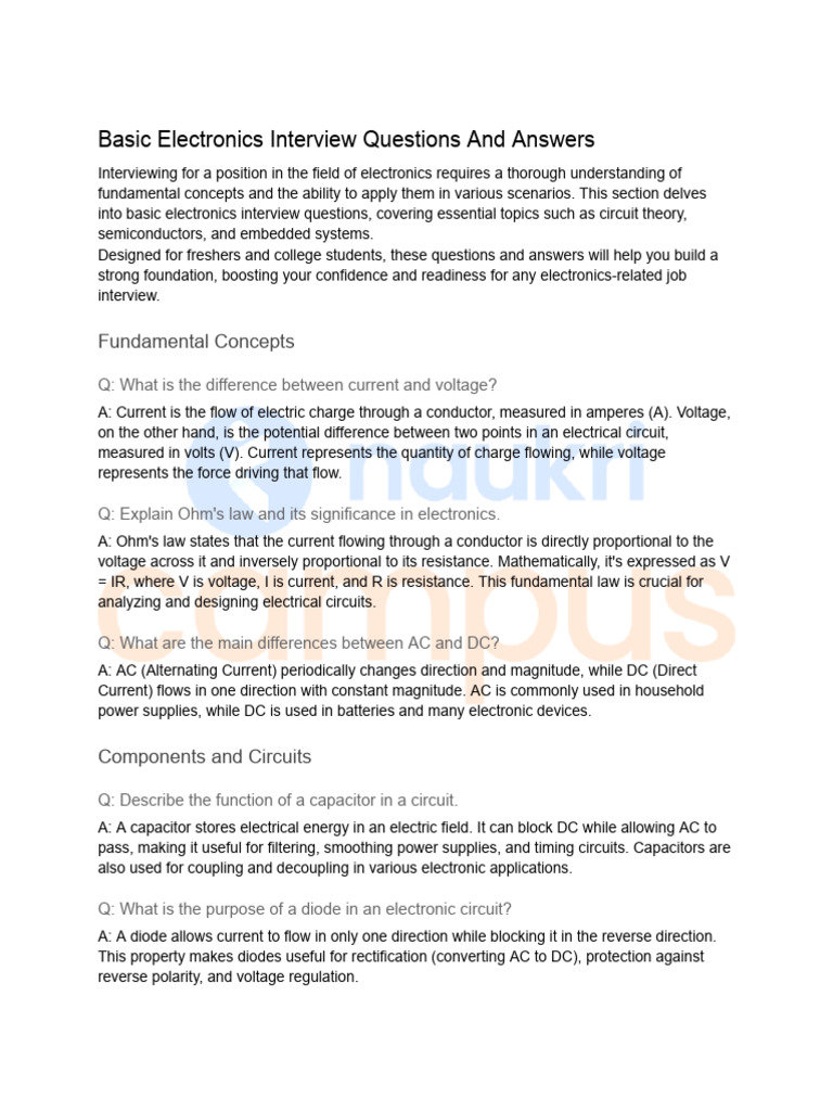 Basic Electronics Interview Questions and Answers PDF | PDF 