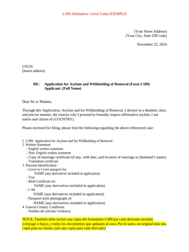 I-589 Asylum Cover Letter Example | PDF