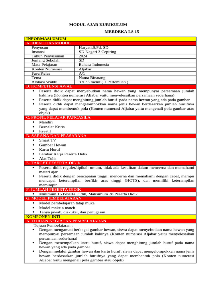 Modul Ajar Bahasa Indonesia SD Kelas 1 | PDF | Karier & Perkembangan