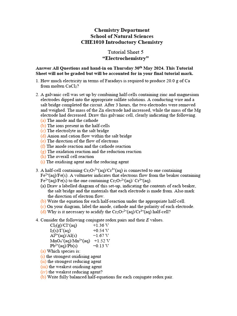 Electrochemistry Tutorial Sheet 5 | PDF | Redox | Electrochemistry