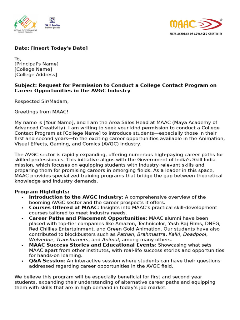 AVGC Career Program Request at College | PDF | Career & Growth