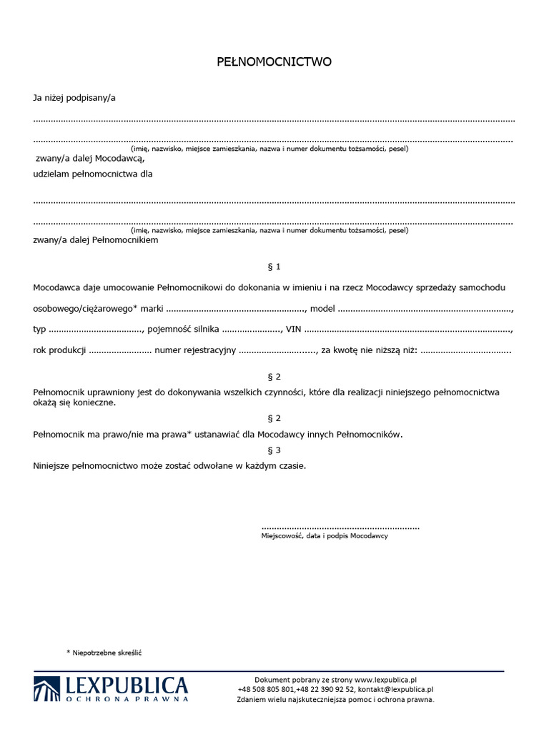 Pełnomocnictwo Do Sprzedaży Pojazdu | PDF