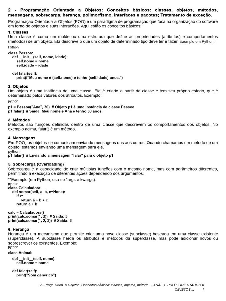 Conceitos Básicos de POO e Exceções | PDF | Classe (programação de ...