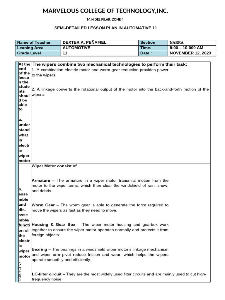 Lesson Plan: Automotive Wiper Motor | PDF | Elementary Geometry ...