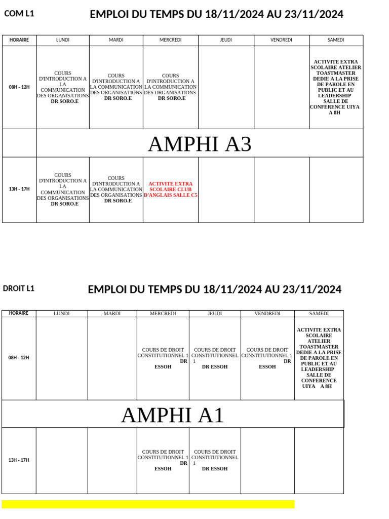 L1 Emploi Du Temps Du 18 Nov Au 23 Nov 2024 PDF — free download