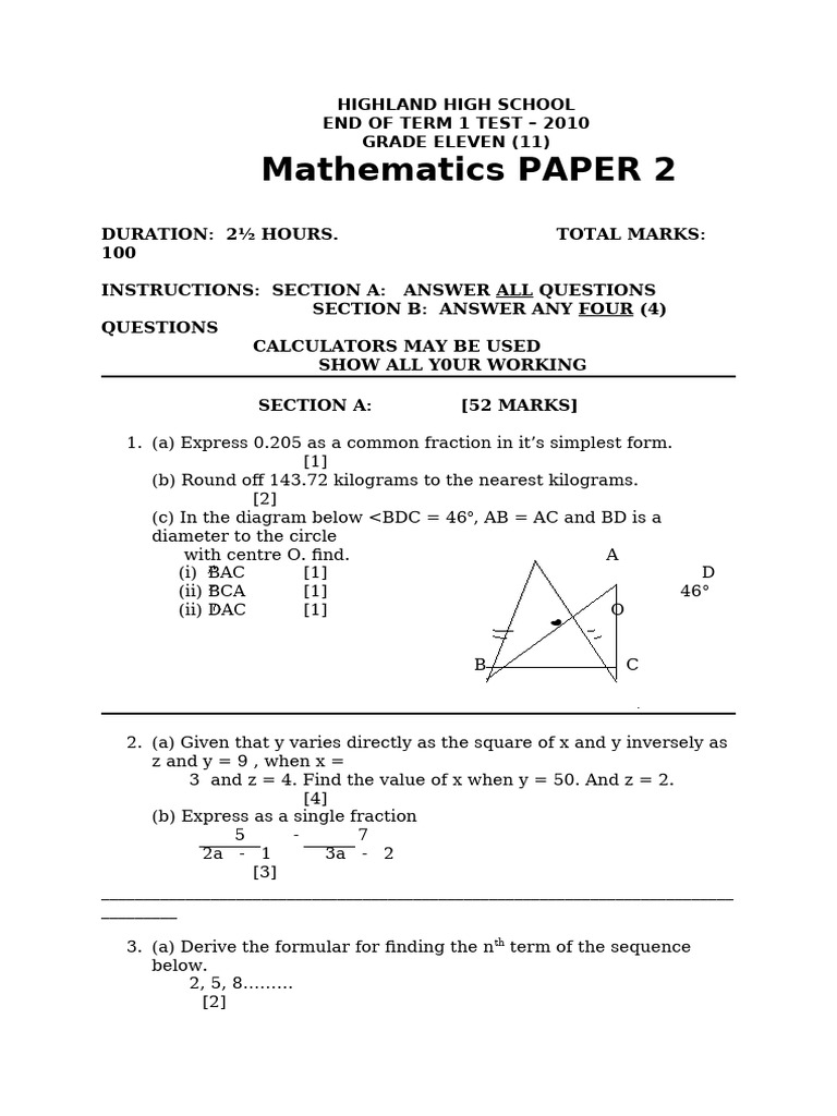 Highland High School Grade 11 Math Test | PDF | Mathematics