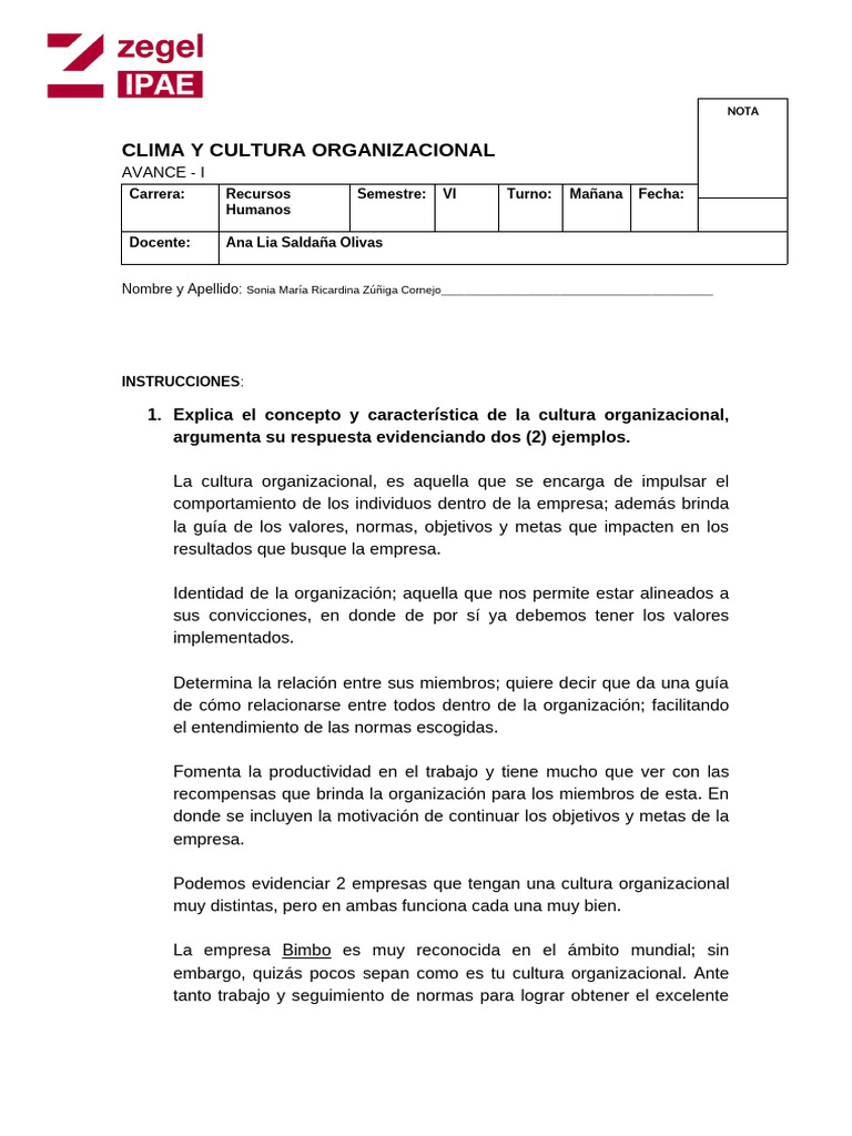 AVANCE I - CLIMA y CULTURA ORGANIZACIONAL | PDF | Business | Cultura ...