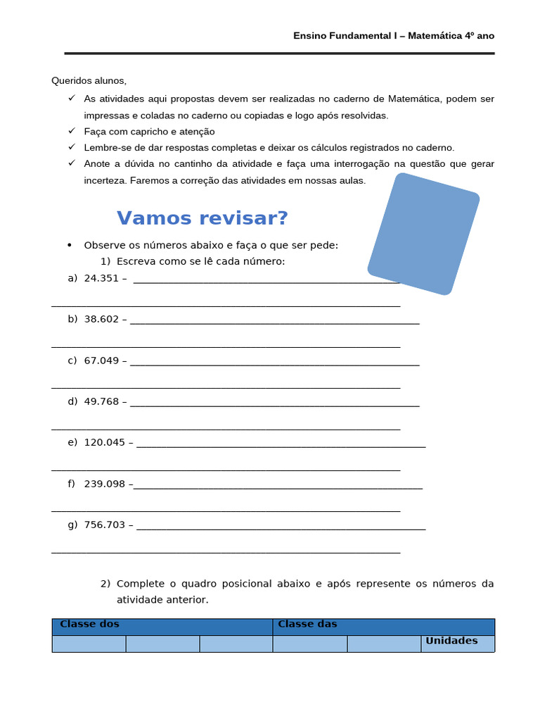 Revisão de Matemática 4º Ano | PDF | Matemática