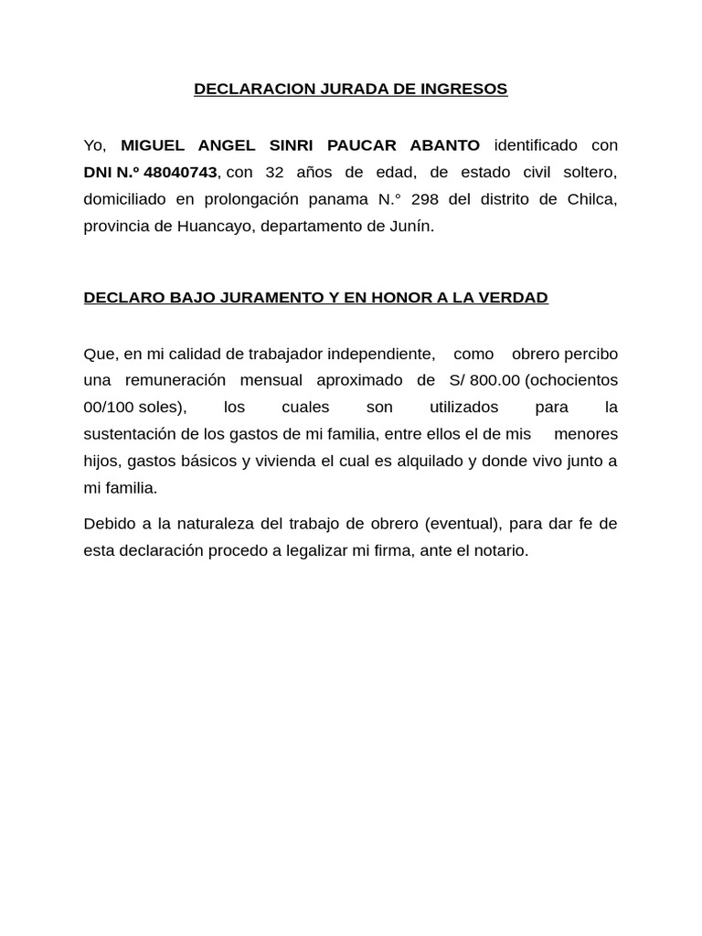 Declaración Jurada de Ingresos Mensuales | PDF | Derecho