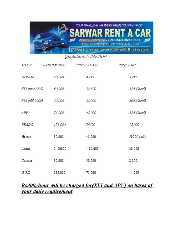 Vehicle Rental Quotation Details | PDF