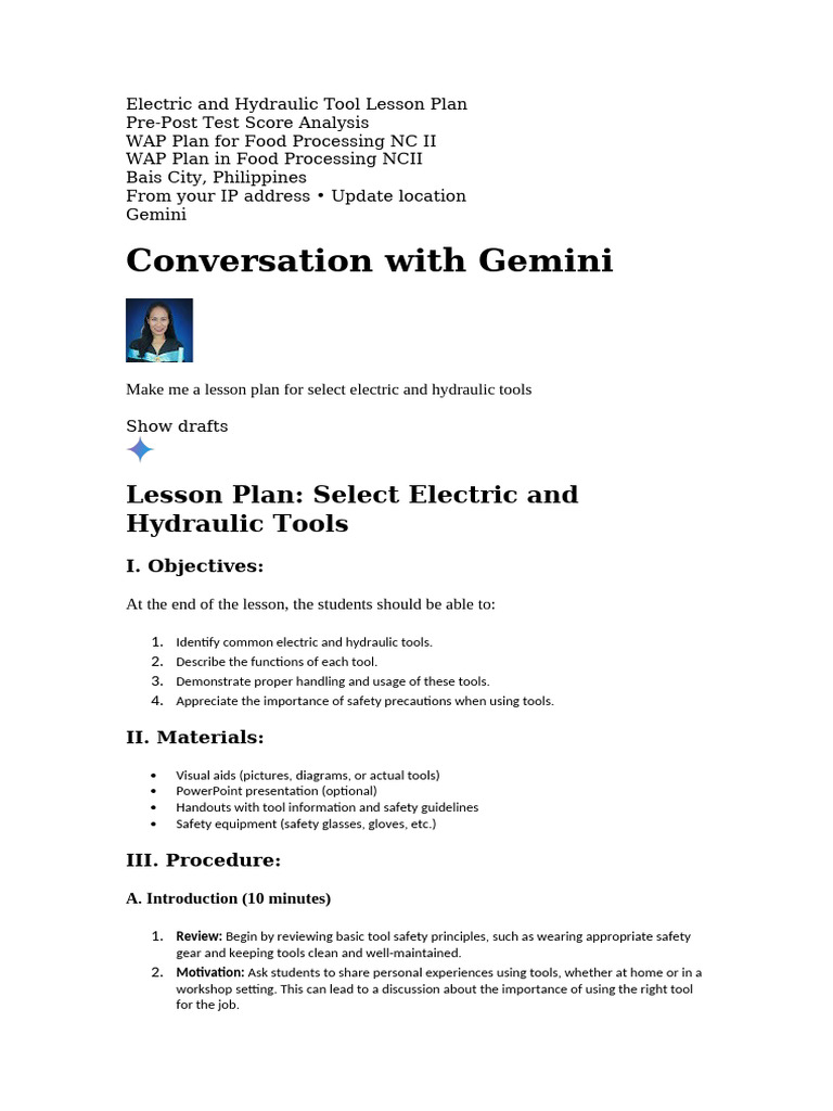 Electric and Hydraulic Tool Lesson Plan | PDF | Technology & Engineering