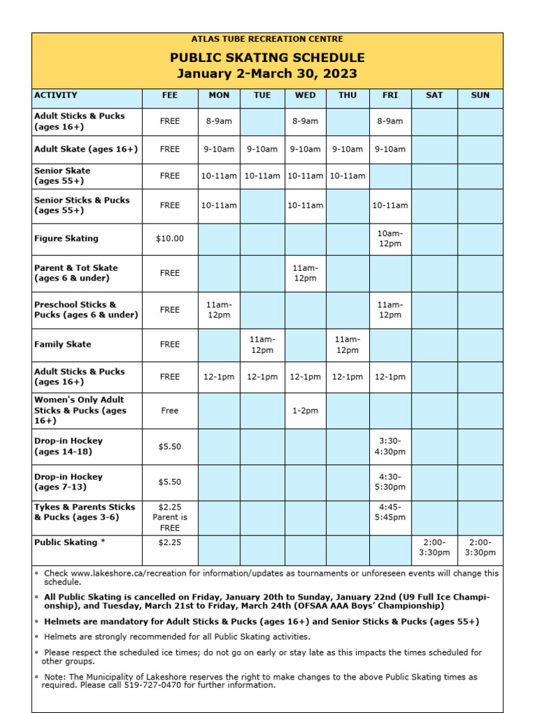 Atlas Tube Public Skating Schedule 2023 | PDF | Skating | Athletic Sports